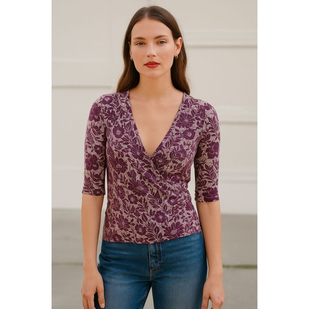 Long Tall Sally Faux Wrap Printed Short Sleeve Top in Fresh Fig M NWOT